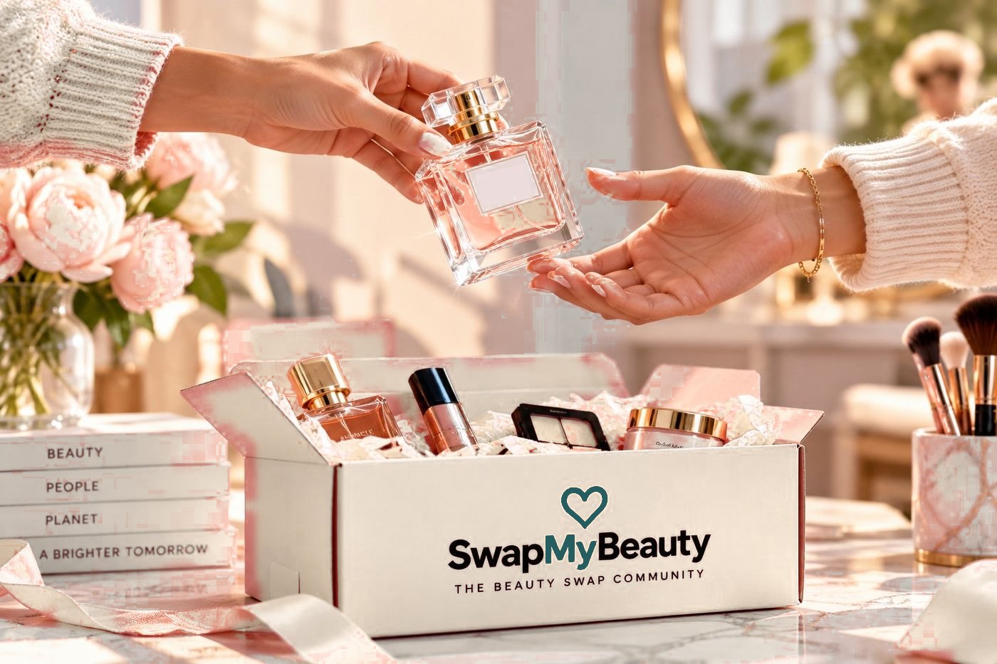 Two hands passing a perfume over a SwapMyBeauty box