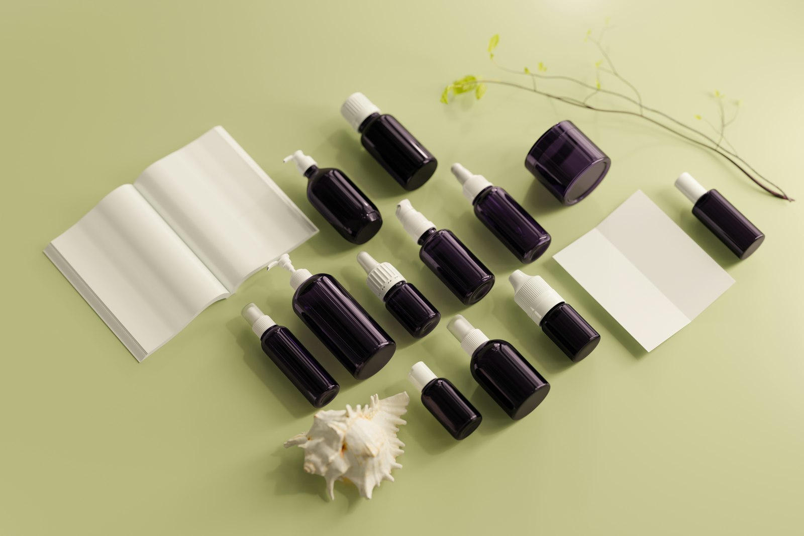 Unbranded serum bottles and jars on a soft green background