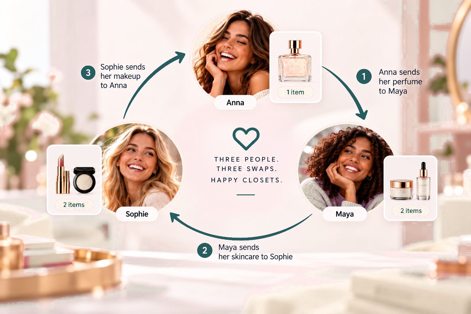A three-way MultiSwap: Anna sends her perfume to Maya, Maya sends her skincare to Sophie, Sophie sends her makeup to Anna