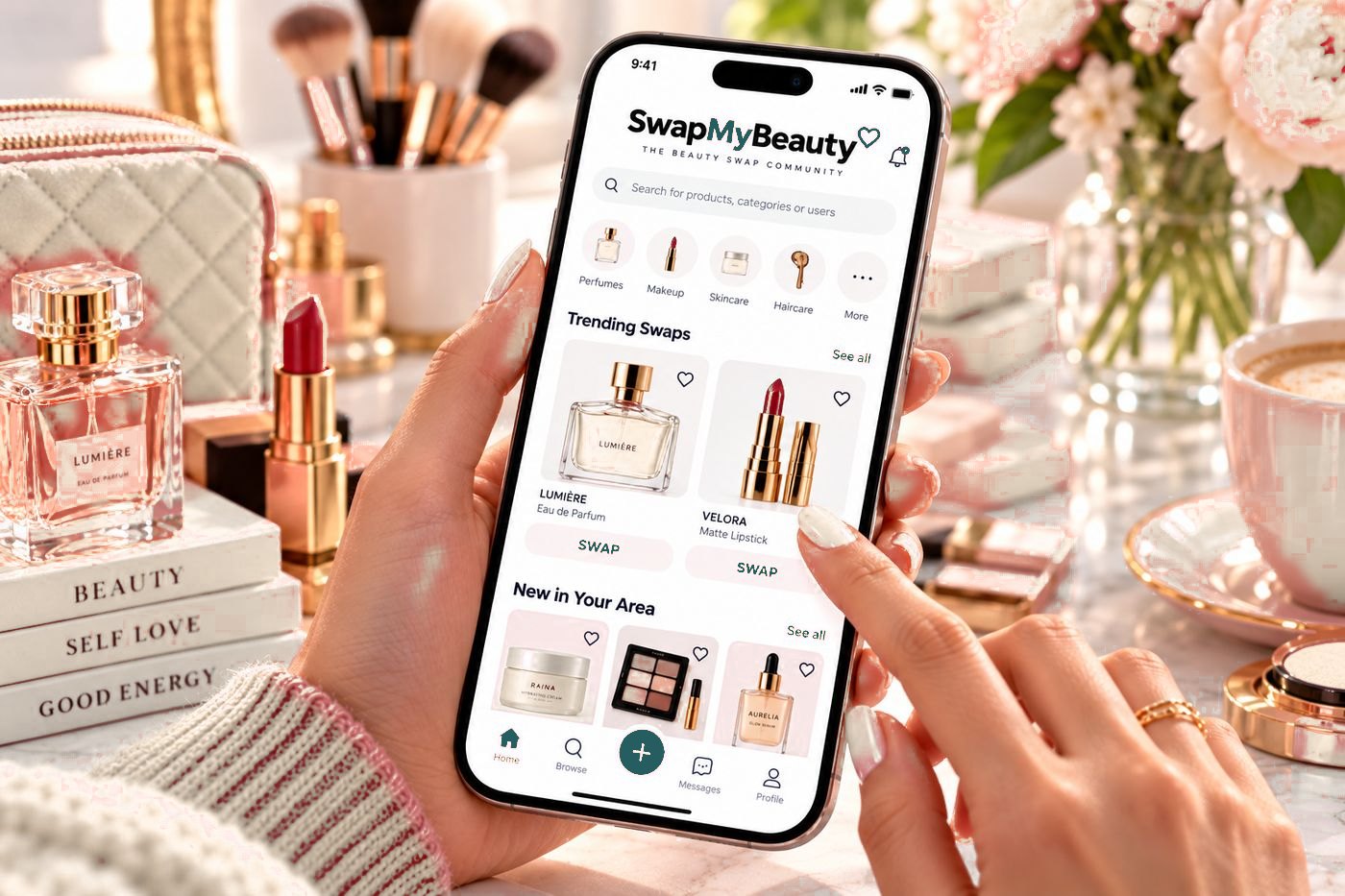 Hand holding a phone showing the SwapMyBeauty app