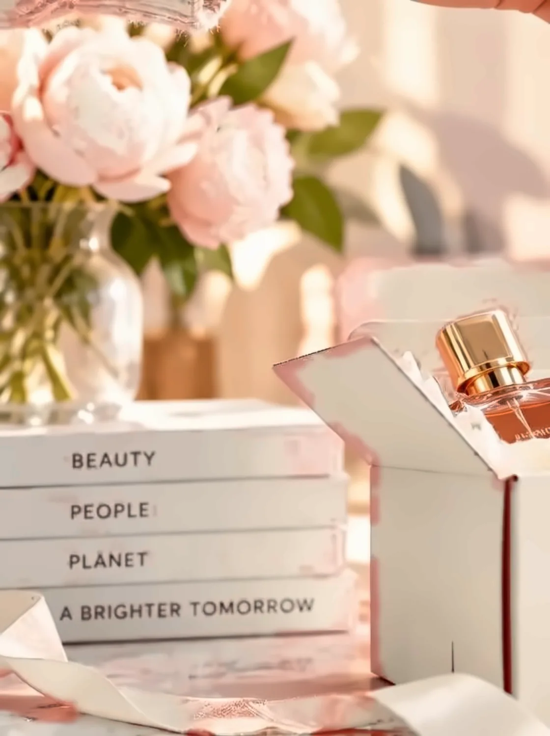 Peonies, beauty books and a swap box on a marble table