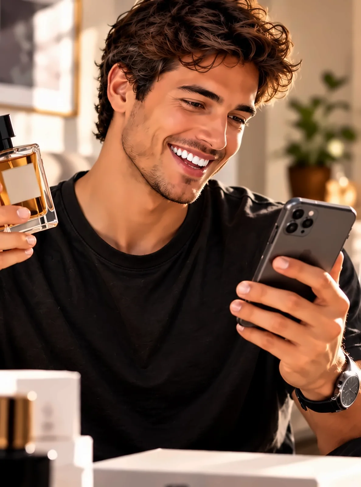 Smiling man holding a perfume and listing it to swap in the SwapMyBeauty app