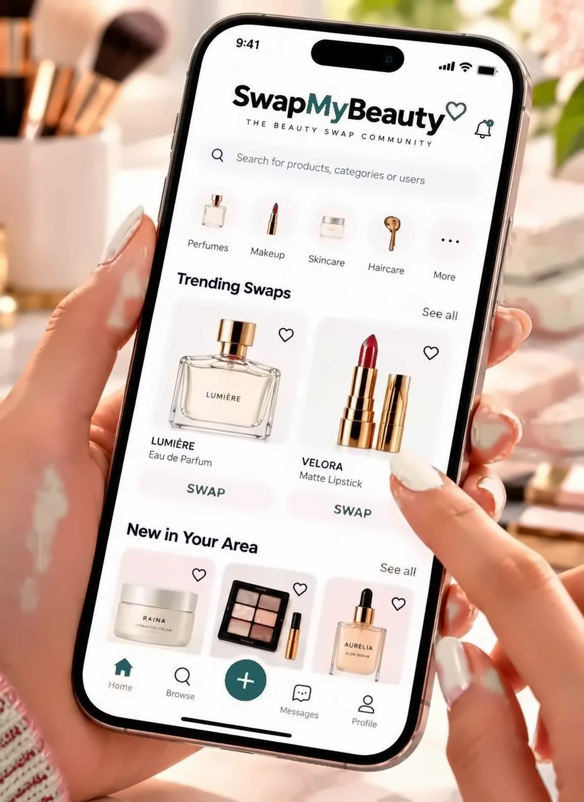 The SwapMyBeauty app on a phone, showing trending swaps