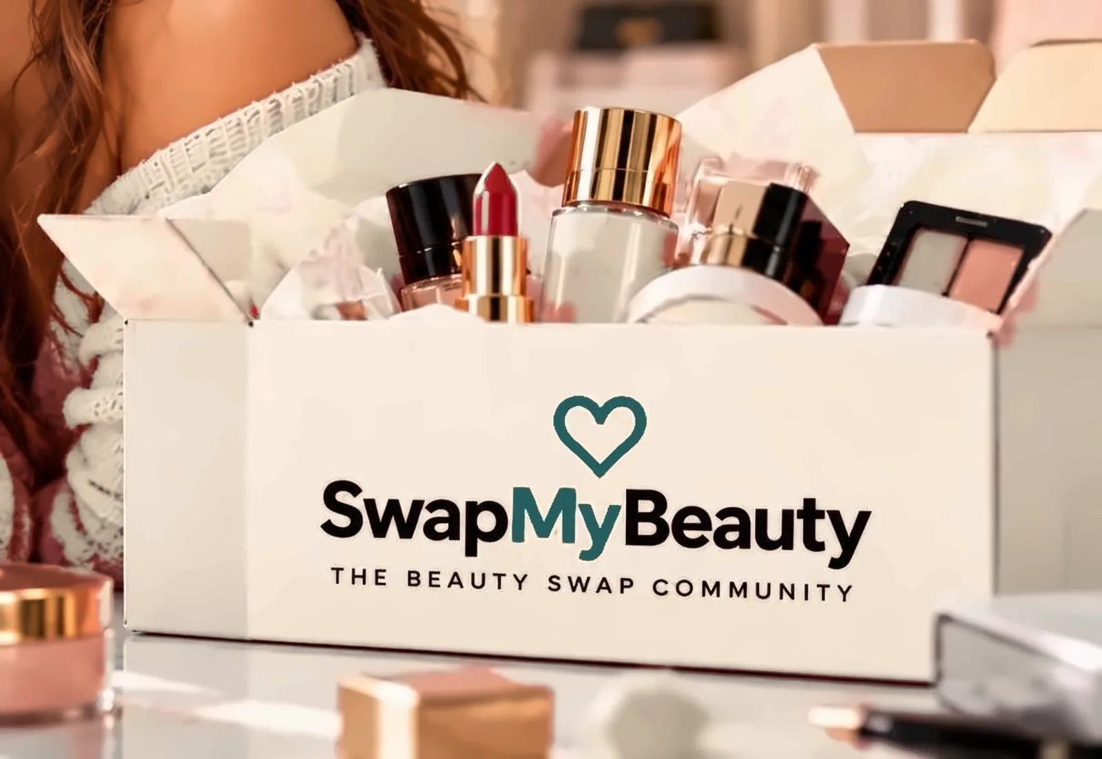 Open SwapMyBeauty box with lipstick, foundation and a blush palette