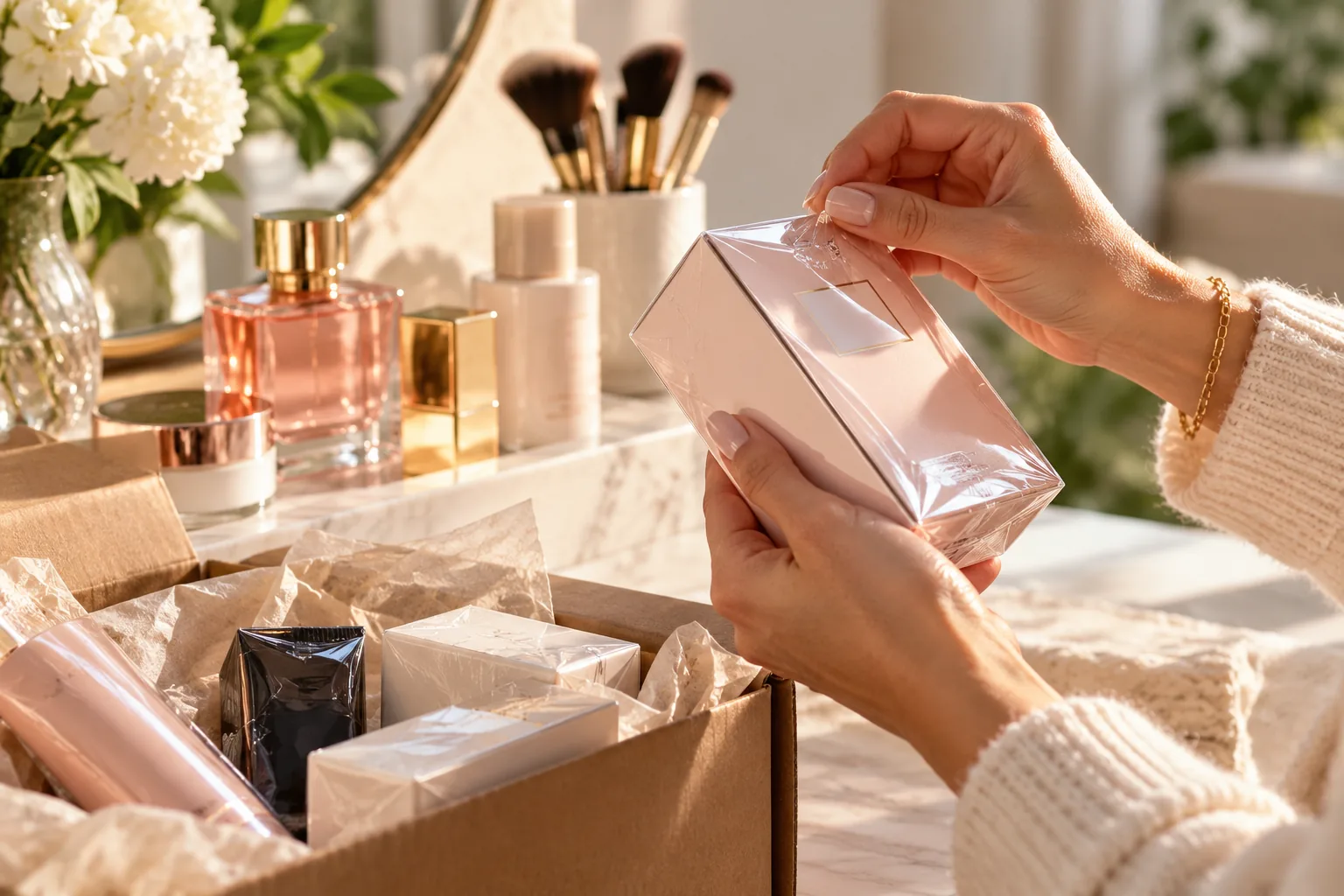 Hands checking the factory seal on a beauty product before packing it in a box