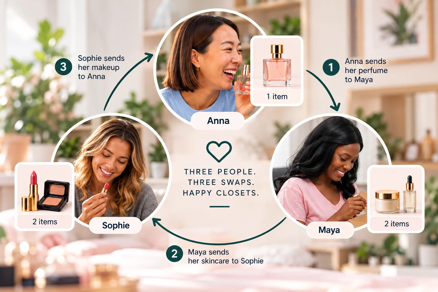 Anna sends perfume to Maya, Maya sends skincare to Sophie, Sophie sends makeup to Anna